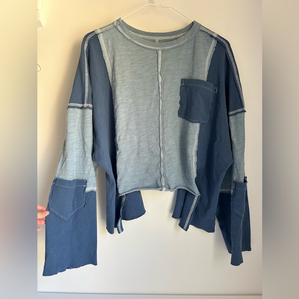 Patchwork Long Sleeve Top - Blue